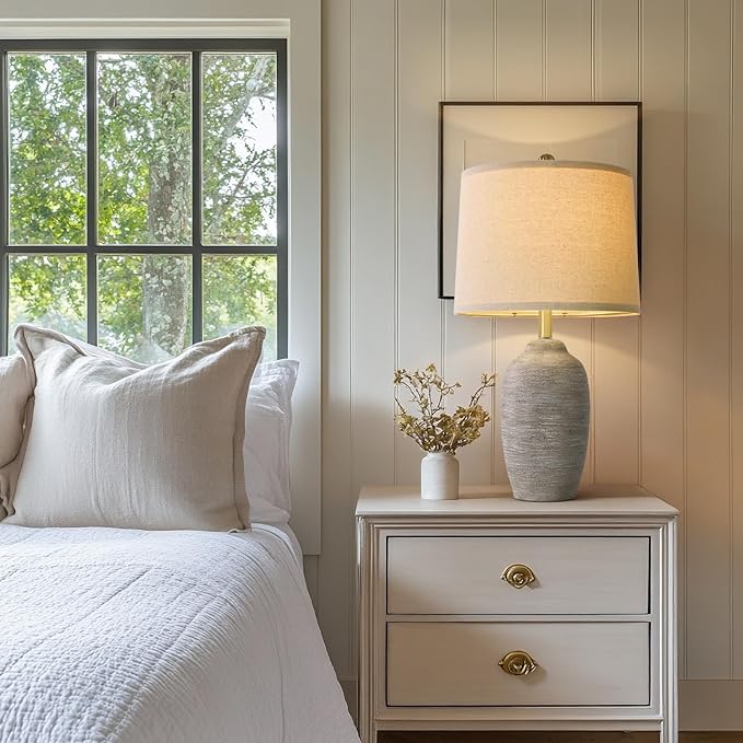24.5" Handcrafted Ceramic Table Lamp - Single Farmhouse Vintage Rustic Bedside Lighting for Living Room, Bedroom, Entryway | Nightstand & End Table Decor with Linen Shade (Bulb Not Included)