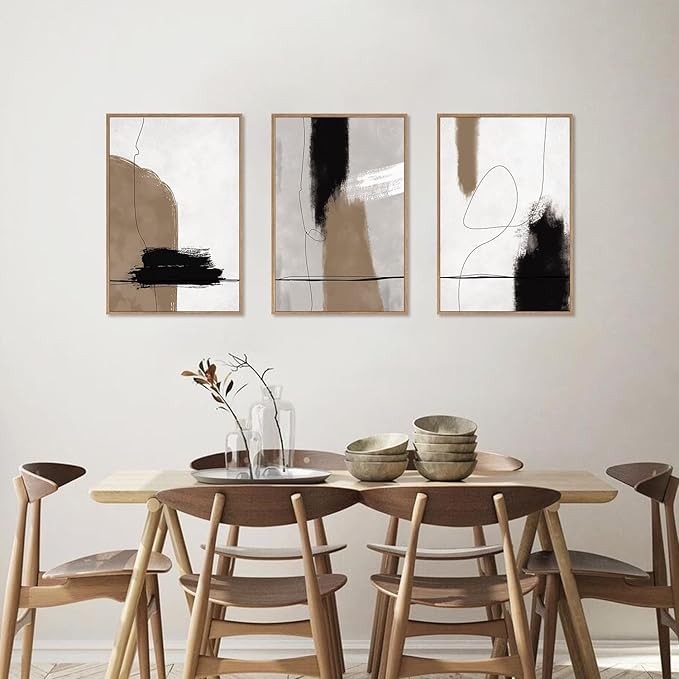 KAIRNE Abstract Neutral Framed Canvas Wall Art Set of 3, Abstract Black Brown Shape Decor, Modern Nordic Style Watercolor Shaped Paintings for Living Room, Bedroom, Office - 16"x24"
