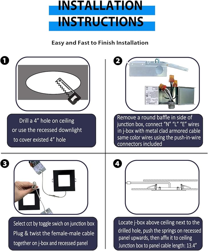 Recessed Lighting 4-inch Square-LED - Canless Recessed Light Fixture, Dimmable Ceilling Light with Junction Box, 2700|3000|3500|4000|5000K, 9W, Black, 6P