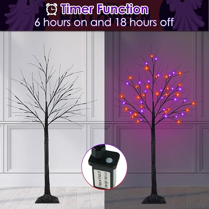 2Pack 4FT 100LED Black Halloween Tree with Lights, Timer Function with Higher Size Black Tree with Purple and Orange Lights, Spooky Light up Trees for Indoor Outdoor Party Garden Halloween Decorations