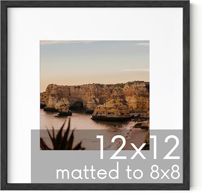 HAUS AND HUES Solid Oak 12”x12” Picture Frame Matted to 8”x8” - Square Picture Frame 12x12, Black Frame for Gallery Wall, 12 x 12 Square Frame, 12x12 Frame with Mat (Black Frame)