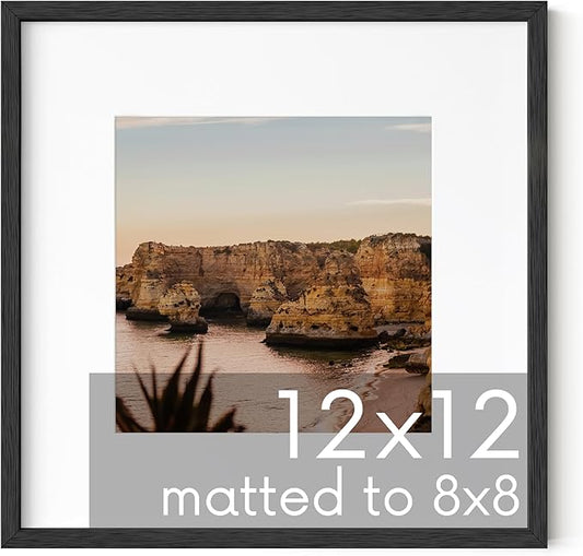 HAUS AND HUES Solid Oak 12”x12” Picture Frame Matted to 8”x8” - Square Picture Frame 12x12, Black Frame for Gallery Wall, 12 x 12 Square Frame, 12x12 Frame with Mat (Black Frame)