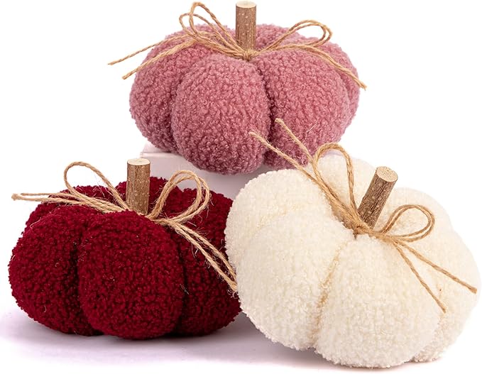 6" Fake Fall Pumpkin Decorations for Home, 3 Pcs Artificial Big Fabric Pumpkins Autumn Decor Faux Pumpkins for decorating, Fall Table Centerpiece Harvest Decor, Halloween Thanksgiving, Burgundy & Pink
