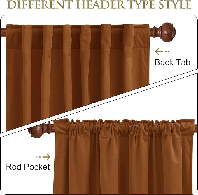 StangH Fall Velvet Curtains 132 inches Long Burnt Orange Back Tab Thermal Insulated Drapes, Elegant Curtain Panels for Bold & Modern Home Decor, W52 x L132, 2 Panels