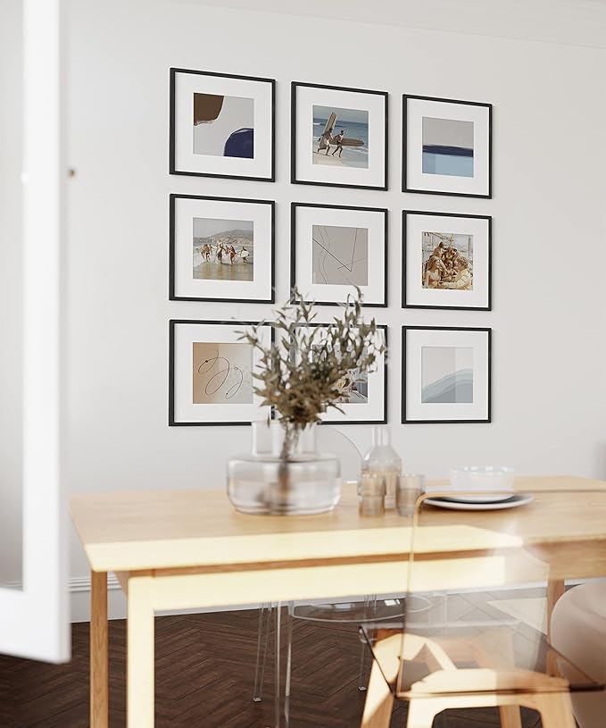 HAUS AND HUES Set of 9 12x12 Frames - Square Picture Frame 12x12 Black Frames for Gallery Wall, Square Frames Black Picture Frame Set, 12x12 Frame with Mat Black Picture Frames (Black Frame)