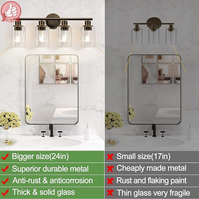 4-Light Bathroom Light Fixtures, Brown and Gold Modern Vanity Lights Over Mirror with Clear Glass Shade, Bathroom Wall Lamp for Mirror Kitchen Living Room Hallway Cabinet Porch Bedroom Reading room
