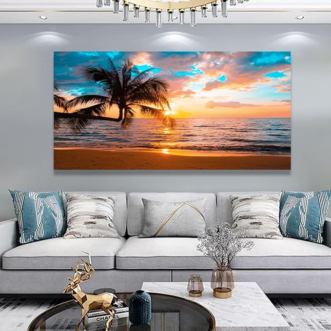 Sunset Beach Picture Canvas Wall Art Print for Living Room and Bedroom Wall Decor,Seascape Palm Landscape Print Paitnings for home Decor,Morden Artwork Sunset Canvas Art Waterproof Stretched Ready to