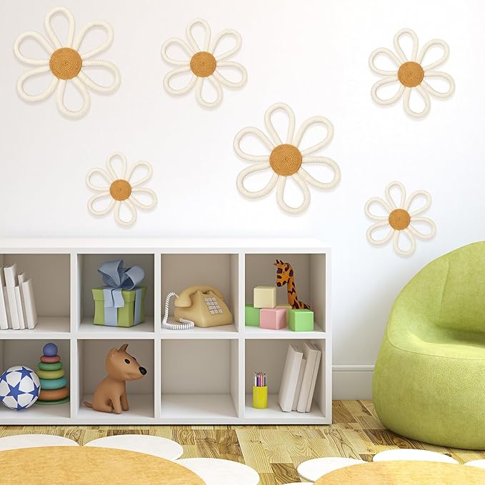 Barydat 6 Pcs Boho Nursery Decor Daisy Flower Woven Macrame Wall Hanging 3 Size Daisy Flower Wall Decor Bohemian Nursery Decorations for Home Dorm Art(White)