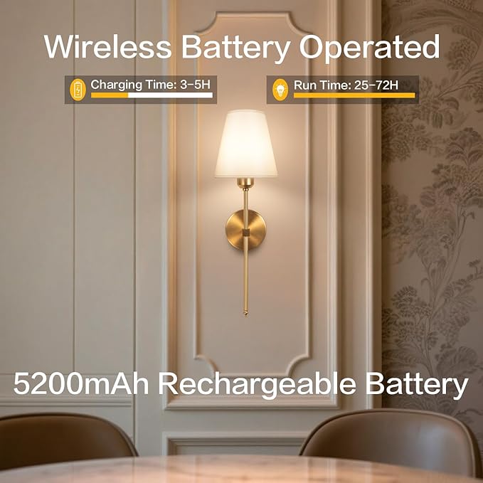 Battery Operated Wall Sconces Set of 2,LED Rechargeable Wall Lights Remote Controlled, Warm to Cool White Adjustable Brightness, Wireless Sconce with Linen Fabric for Bedroom Living Room Decor 6000mAh