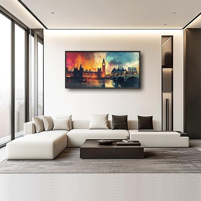 London Big Ben Framed Wall Art for Living Room, Large Cityscape Canvas Wall Decor, Bridge Pictures Painting, Natural Landscape Modern Artwork for Bathroom Bedroom 60L'' × 30W''