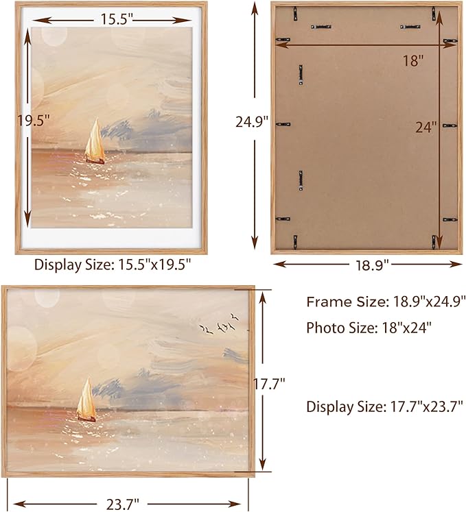 18x24 Picture Frames, Oak Wood 18 x 24 Poster Frames Set of 2, 18x24 Frame Matted to 16x20, Rustic Wooden 18 x 24 Frame with Tempered Glass, Minimalist 18"x24" Art Frames, Oak Color