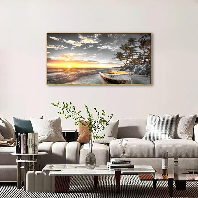 Beach Wall Art Sunset Seascape Pictures Bedroom Decor Boat Tree Ocean Landscape Canvas Wall Art for Living Room Office Natural Scenery Artwork 20 * 40inch