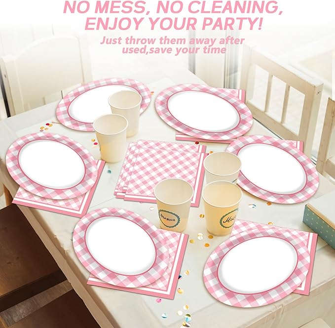Pink Gingham Party Oval Paper Plates 11inch Pink & White Checkered Plates and Napkins, Plaid Birthday Decoration for Girls Women Party Supplies BBQ Gathering Picnic Tableware, 25 Guest