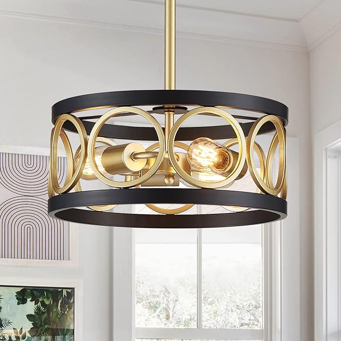 XINGQI 3-Light Modern Chandelier, 13" Pendant Light Height Adjustable Dining Room Light Fixtures for Bedroom Living Room Kitchen Metal Black and Gold