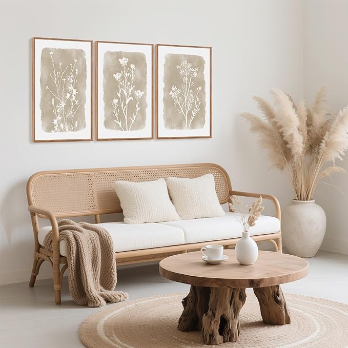 CHDITB Minimalist Floral Framed Canvas Wall Art Set, Nature Inspired Botanical Wall Decor, Flower Silhouette Art Spiritual Wall Painting, Vintage Plant Wildflower Art Prints for Bedroom Office