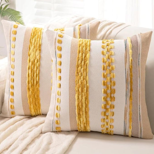 Boho Throw Pillow Covers 18x18 Set of 2 Farmhouse Decorative Cushion Case Striped Square Pillows Cover Chenille Pillow Cases Accent Neutral Pillowcase for Sofa Couch Bed,Yellow