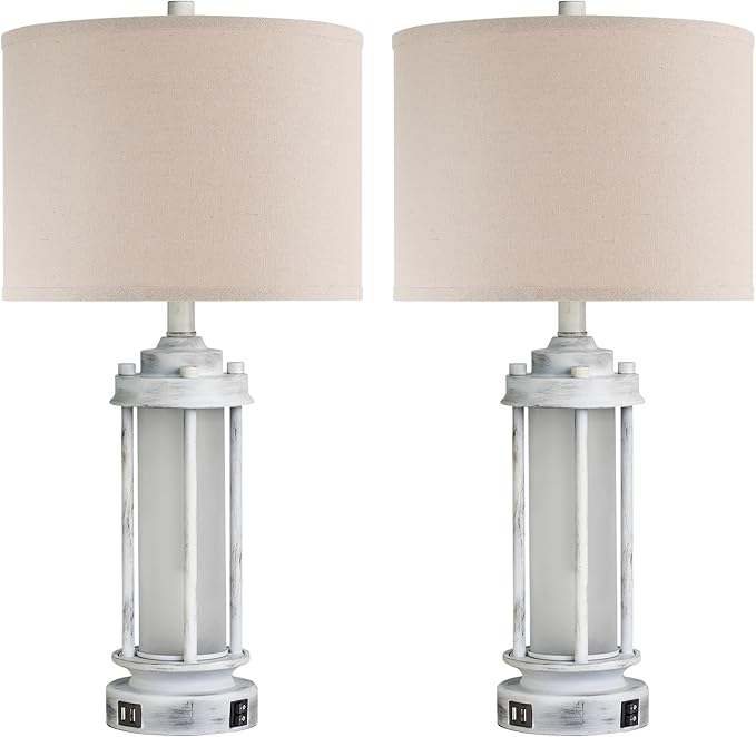 25" Rustic Table Lamps Set of 2, Vintage Nightstand Lamps with 2 USB Ports, Farmhouse Antique White Desk Lamp with Glass Night Light for Living Room Bedroom Dorms, 4 Bulbs Included