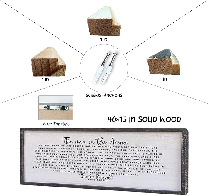 Surfapans The Man In The Arena Wall Decor 40"x15" Morden Office Motivational Wood Framed Sign For Men Large Farmhouse Living Room Inspirational Quotes Positive Speech Home Wall Decoration (Black)