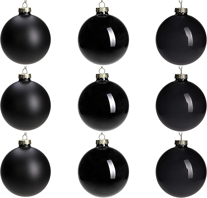 DN DECONATION Black Glass Christmas Ball Ornaments, Set of 9, 3' Hanging Christmas Baubles for Xmas Tree Decoration, Gothic, Halloween, DIY Gift