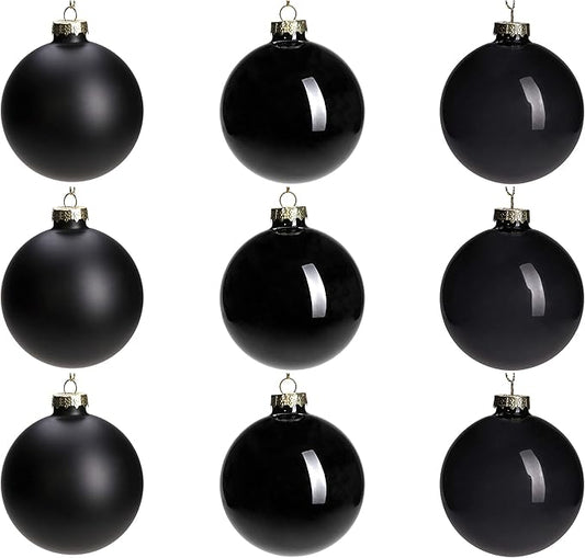 DN DECONATION Black Glass Christmas Ball Ornaments, Set of 9, 3' Hanging Christmas Baubles for Xmas Tree Decoration, Gothic, Halloween, DIY Gift