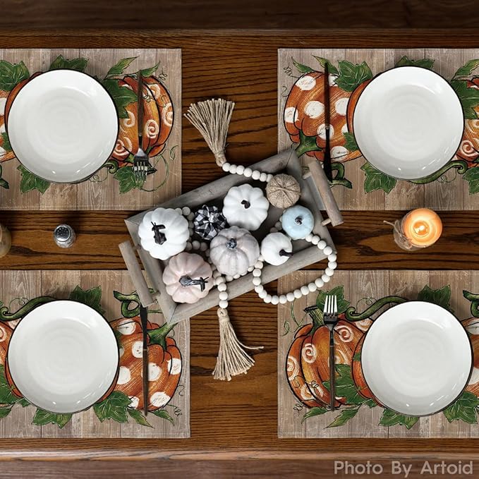 Artoid Mode Polka Dot Pumpkins Vine Thanksgiving Placemats Set of 4, 12x18 Inch Seasonal Fall Table Mats for Party Kitchen Dining Decoration