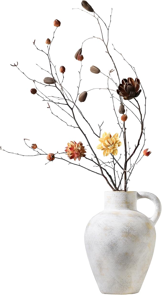 9 in Rustic Ceramic Farmhouse Vase with 1 Handle,Glazed Beige and Yellow Vintage Pottery Jar with Black Distressed Eroded Texture Finish,Boho for Home Decor,Tabletop,Mantel,or Living Room