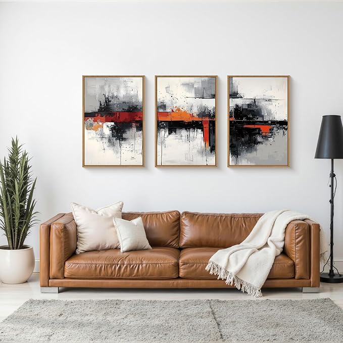 HOURIA Modern Abstract Framed Canvas Wall Art Set,Neutral Black and Orange Wall Decor,Textured Gray White Wall Painting,Pastel Strokes Art Prints for Living Room, Bedroom, Farmhouse-24 x36 x3