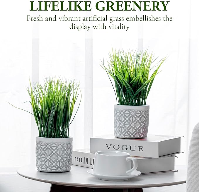 MyGift Artificial Grass Plant in Modern Gray Concrete Pot with Geometric Embossed Pattern, Tabletop Faux Greenery in Decorative Round Cement Planter, Set of 2