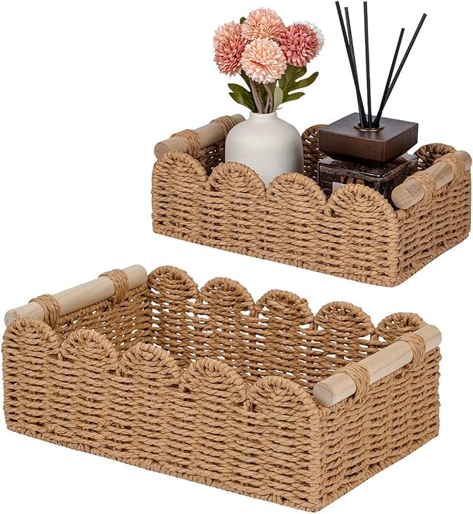CubesLand Paper Rope Scalloped Edge Decor Baskets for Home, Living Room, Bedroom, Toilet Basket for Over Toilet Storage Shelf, End Table, Shelves and More, Both Storage&Decor, Set 2 Neutral