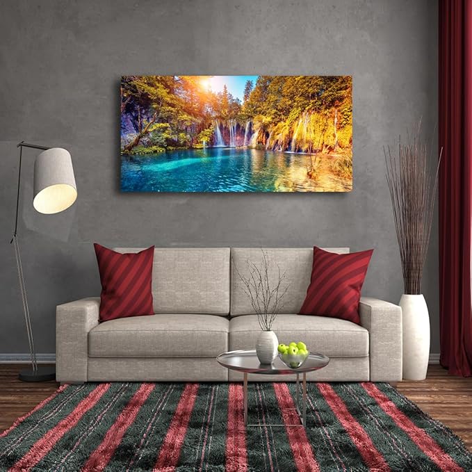 Lake Water Pictures Canvas Wall Art for Living room Bedroom Wall Decor,Waterfall Wall Art Print Paitnings for home Decor,Morden Artwork Sunset Tree Canvas Art Waterproof Stretched Ready to