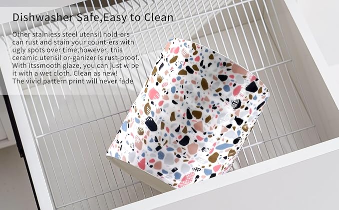 Kitchen Utensil Holder,7.2″Extra Large Stable Terrazzo Marble Pattern Ceramic Utensil Crock,Utensil Organizer for Countertop,Kitchen Decor,Utensil Holder for Housewarming,Wedding Gift Pink