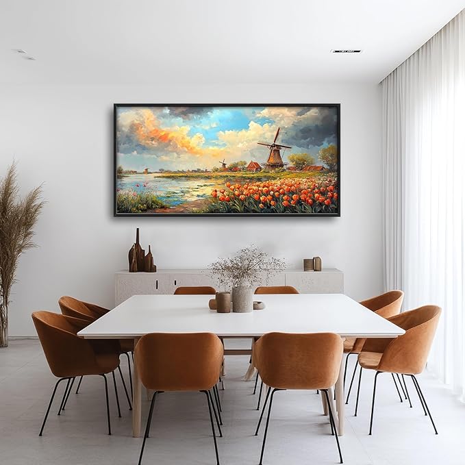 Windmill Framed Wall Art for Living Room, Large Tulips Canvas Wall Decor, Vintage Florals Pictures Painting, Farmhouse Artwork for Bathroom Bedroom 60L'' × 30W''