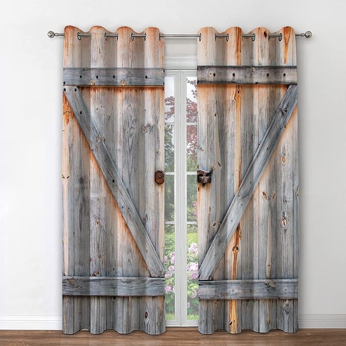 Jekeno Wood Barn Door Blackout Curtains Rustic Farmhouse Wooden Door in Retro Color Oak Board Countryside Village Rural Decor for Bedroom Living Room Grommet Window Drapes 2 Panel Set, 42"x54"