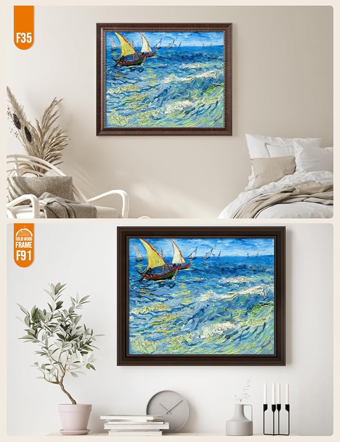 DECORARTS - Fishing Boats At Sea - Vincent Van Gogh Giclee Prints w/Antique Brown Frame for Wall Decor. Picture Size: 20x16, Total Size w/Frame: 23x19
