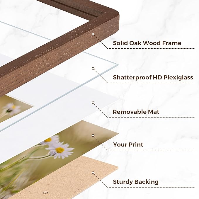 5x7 Picture Frames Set of 3, 5 by 7 Photo Frames for Wall & Tabletop Display, Solid Oak Wood Frames with Plexiglass, 5x7 Frame Matted to 4x6, Light Wood 5 x 7 Gallery Wall Frame Set, Walnut Color