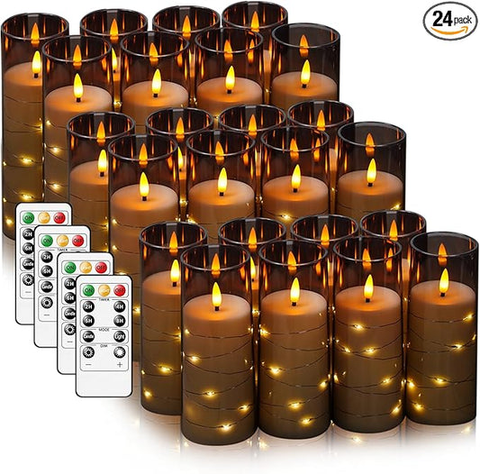 Flameless LED Candles with Timer 24 Pc Flickering Flameless Candles for Romantic Ambiance and Home Decoration Stable Acrylic Shell,with Embedded Star String，Battery Operated Candles（Grey）