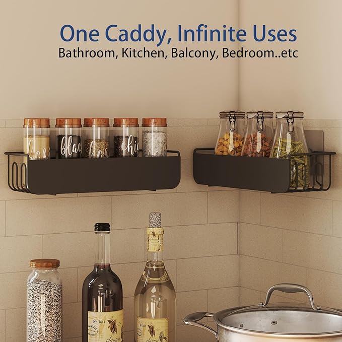 Epock Adhesive Shower Caddy, No Drill Shower Shelves 2 Pack 4 Hooks Rust-Proof Metal Bathroom Organizer shower rack with for Bathroom, Kitchen, RV Storage, Matt Black