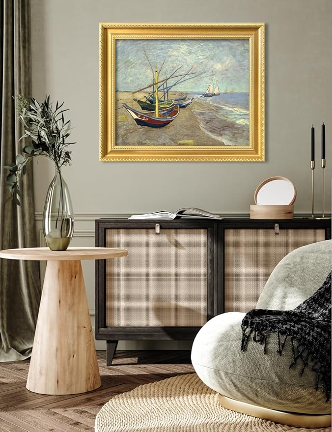 DECORARTS - Boats at Saintes Maries by Vincent Van Gogh. Giclee Print on Acid-Free Canvas in Gold Solid Wood Frame. Picture Size: 20x16, Total Size: 24.75x20.75, Made in USA