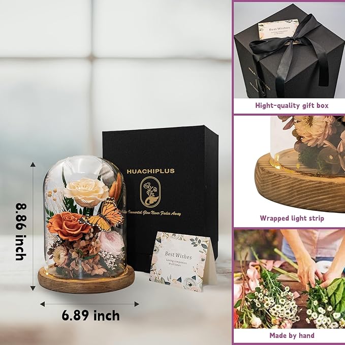 Eternal Flowers with Butterfly: Forever Flower Arrangement-Elegant Preserved Flowers in Glass Dome-Romantic Valentines, Anniversary, Mom Gifts for Her-Flowers for Delivery Prime (Orange)