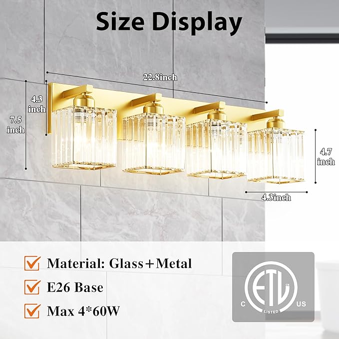 Bathroom Vanity Light Fixtures Over Mirror - Makeup Lighting Pure Gold - for Modern Wall, Bath, Desk, Farmhouse, Hallway 4 Crystal Lights