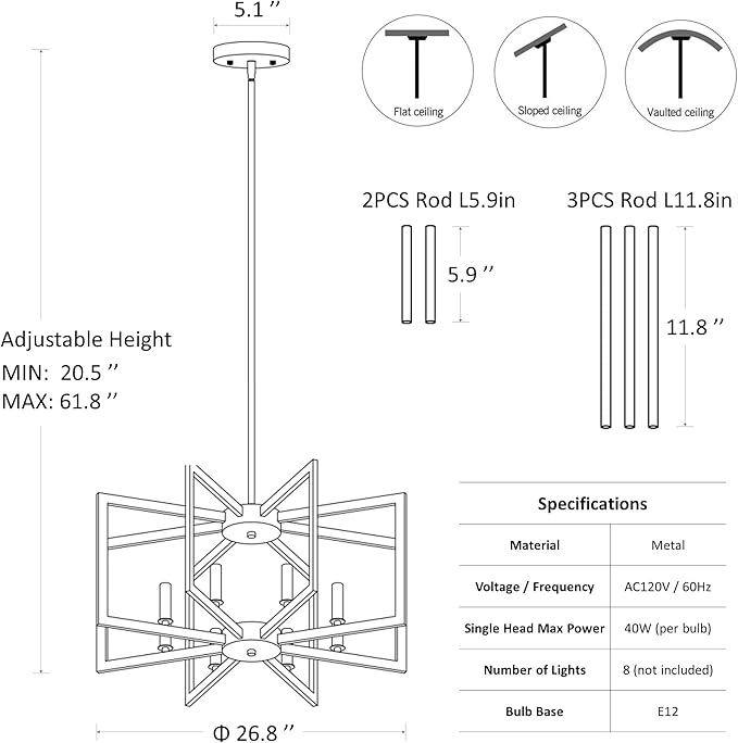 8-Light Modern Farmhouse Brushed Nickel Chandeliers for Dining Room, Large Industrial Kitchen Table Chandelier, Metal Geometric Hanging Light Fixture for Living Room Entryway Foyer Stairway
