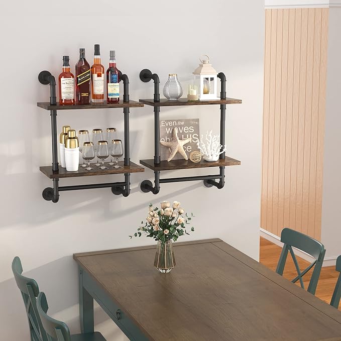 Helsin Industrial Pipe Floating Bathroom Shelves Wall Mounted with Towel bar, 2 Tier Rustic Wood Wall Shelf, 16inch Metal Towel Rack Storage Bookshelf for Bathroom, Kitchen, Farmhouse, Living Room