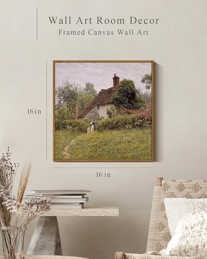 InSimSea Square Framed Canvas Wall Art, Vintage Landscape Prints Old Cottages Countryside Landscape Large Canvas Wall Art, Rustic Farmhouse Wall Decor for Bedroom Living Room Bathroom 16"x16"