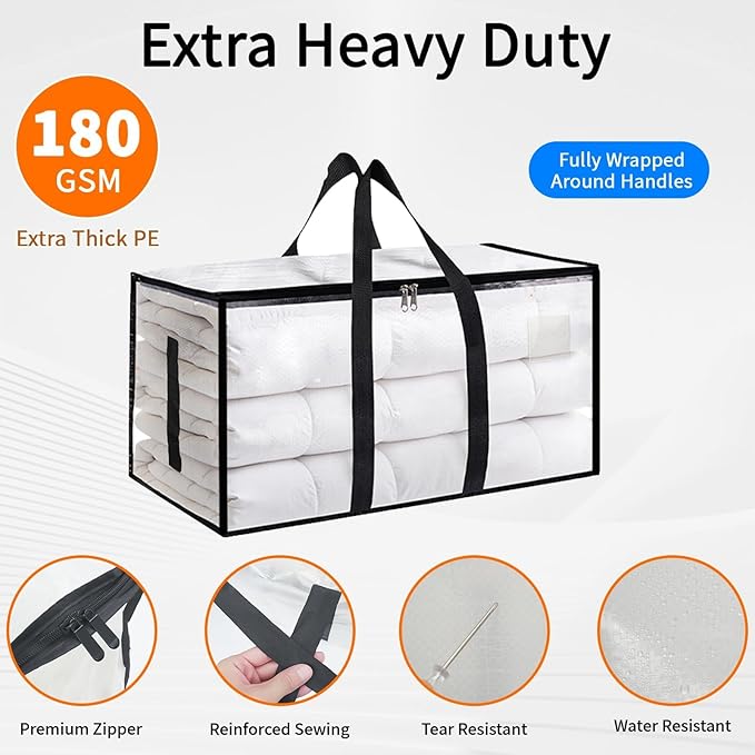 4 Pack-Extra Large Heavy Duty Moving Bags - Waterproof Storage Totes with Handles & Zippers, Foldable for College Dorm, Storage (Clear)