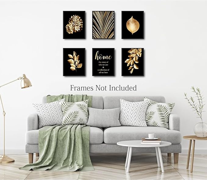 Gold Leaf Art Prints,Modern Black Gold Botanical Tropical Plant Leaves Wall Art Decor,Foliage Inspirational Quotes Canvas Gallery Poster Prints for Bedroom Room Home Decor,Set of 6 (8"X10" Unframed)