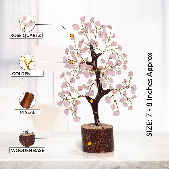 NARIBABU Rose Quartz Crystal Tree (7–8 Inch, 100 Chips) – Handmade Gemstone Tree with Raw Stones & Golden Wire – Birthday Gifts for Women, Gift for Her, Spiritual Decor, Desk Decor