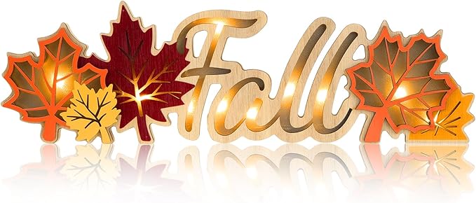 Geetery Fall Decor Thanksgiving LED Wooden Sign Rustic Tabletop Centerpiece Maple Leaves Decorations Fall Kitchen Decor for Home Thanksgiving Autumn Harvest Party