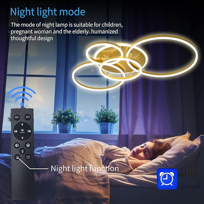 Modern LED Ceiling Light 90W Dimmable Ceiling Light Fixture with Remote Control 5 Rings Flush Mount Ceiling Light Gold Acrylic Chandelier LED for Living Room Bedroom Kitchen Light fixtures(4+1G01)