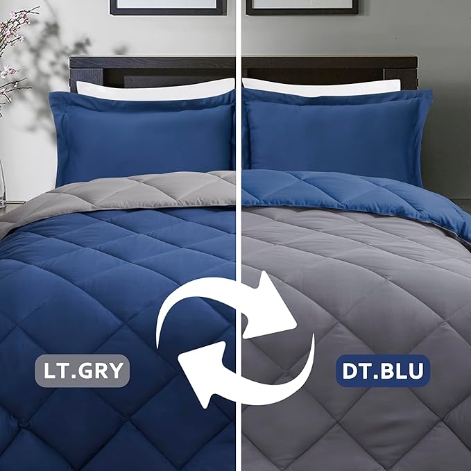 HIG 3pc Navy Queen Size Comforter Set-All Season Reversible Down Alternative Comforter with Two Shams -Quilted Duvet Insert with Corner Tabs - Diamond Stitched Blanket - Breathable, Soft, Fluffy