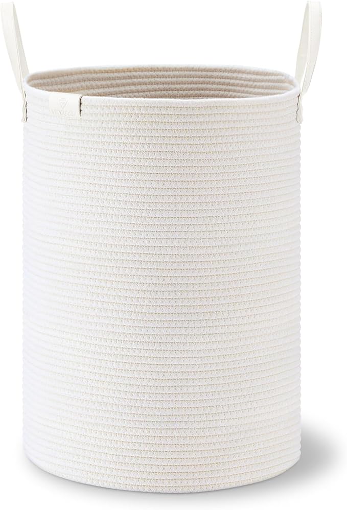 VIPOSCO Tall Laundry Basket, Large Dirty Clothes Hamper with Leather Handle, Woven Rope Storage Basket for Blanket, Toy In Living Room, Bathroom, Bedroom - 72L White